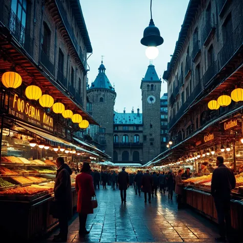 (((Num mercado de comida movimentado com a La Boqueria ao fundo))), iluminação volumétrica, cores vibrantes, 4k épico detailed, filmado na Kodak, Foto 35mm, foco nitído, alto orçamento, cinemascópio, temperamental, épico, maravilhoso, grão de filme, granulado, fotografia discreta, iluminação dramática, emoções intensas, Sensação cinematográfica, ambiente misterioso, enfatizando forma e forma, criando profundidade, evocando drama, contando histórias através das sombras, técnica profissional,Iluminação Profissional, conceito imaginativo, estilo criativo, estética sobrenatural, visual surreal, narrativa cativante, detalhe intrincado, paisagem fantástica, narrativa editorial, Iluminação Profissional, criando impacto visual, Evocando a emoção, ultrapassando limites criativos 