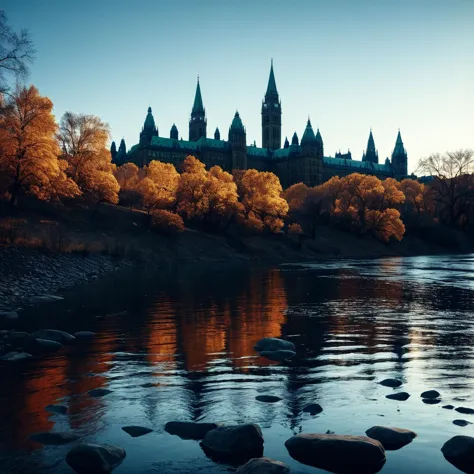 (((An einem malerischen Flussufer mit dem Parliament Hill im Hintergrund))), volumetrische Beleuchtung, leuchtende Farben, 4k Epos detailed, gedreht mit Kodak, 35mm Foto, scharfer Fokus, Hohes Budget, Cinemascope, Launisch, Epos, wunderschön, Filmkorn, körnig, Zurückhaltende Fotografie, dramatische Beleuchtung, intensive Emotionen, Kinoatmosphäre, geheimnisvolle Atmosphäre, Betonung von Form und Gestalt, Tiefe schaffen, Drama hervorrufen, Geschichtenerzählen durch Schatten, Professionelle Technik,professionelle Beleuchtung, Fantasievolles Konzept, kreatives Styling, Außerirdische Ästhetik, surreale visuelle, fesselnde Erzählung, komplizierte Details, fantastische Landschaft, redaktionelles Storytelling, professionelle Beleuchtung, visuelle Wirkung erzeugen, Emotionen hervorrufen, Kreative Grenzen erweitern 