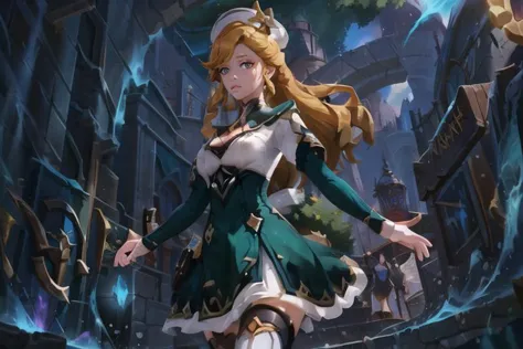 (masterpiece, best quality),(depth) of (field),  <lora:OpheliaGenshinImpact:0.7>OpheliaGenshinImpact,1girl, long hair, hat, dress,  <lora:LoL Splash V2:0.75>league of legends, lol, splash art,, adult