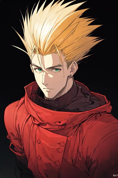 a man with blonde hair and green eyes in a red jacket