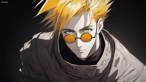 a close up of a person with yellow hair and glasses