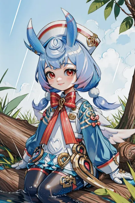 (masterpiece, best quality, highres, ultra detailed:1.2), (solo, 1girl), BREAK, sigewinne, red eyes, blue hair, low twintails, animal ears, hat, long sleeves, gloves, dress, pants, black leggings, wings, BREAK, smile, closed mouth, blush, (sitting:1.3), (looking upwards, looking at viewer:1.2), BREAK, (rain, puddle, sitting on log, blue sky, plants:1.3)