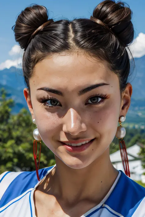 chun li,pearl earrings, double bun, brown hair, brown eyes, chinese clothes, dress, looking at viewer, smiling, close up, outside, mountain, blue sky, high quality, masterpiece, <lora:chunliSF6Default-10:.8>