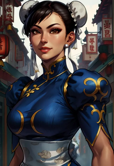 chun li, double bun,  black hair, brown eyes,  
chinese clothes, spiked bracelet, bun cover, earrings , 
standing, upper body,  smile,  sash, 
chinatown,  police station,  morning, 
(insanely detailed, beautiful detailed face, beautiful detailed eyes, mast...