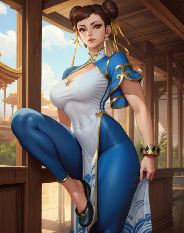 chun li, brown hair, brown eyes,  double bun,  hair ribbon,  
pelvic curtain,  blue pants, bangles,  cleavage,  shoes, 
thick thighs,   leg up, 
morning,  temple,  indoors, 
(insanely detailed, beautiful detailed face,beautiful detailed eyes, masterpiece, best quality) , solo,
