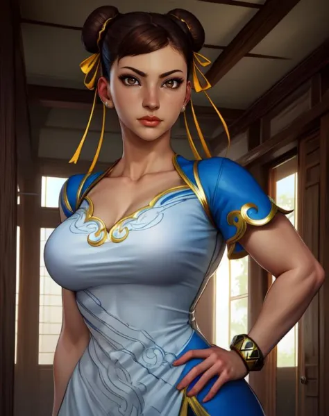 chun li, brown hair, brown eyes,  double bun,  hair ribbon,  
multi colored dress, pelvic curtain,  blue pants, bangles,  cleavage,  
 upper body,   hips, 
morning,  temple,  indoors, 
(insanely detailed, beautiful detailed face,beautiful detailed eyes, ma...