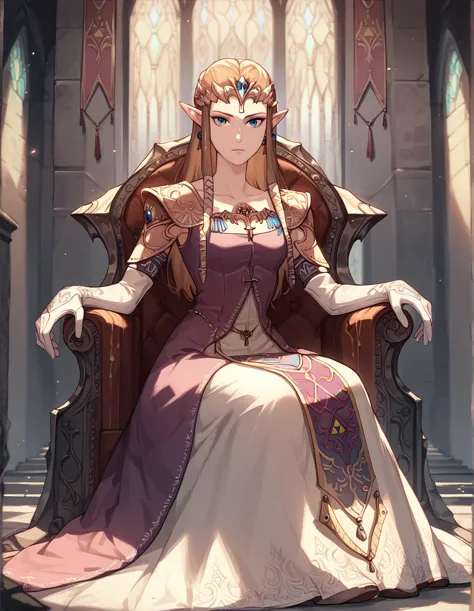 a woman in a dress sitting on a throne with a sword