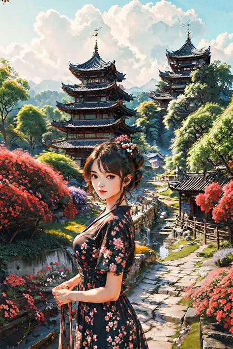 花朵, 城堡,
(最好的品質, 傑作, 原始照片,超詳細:1.2), 1個女孩,獨自的,看著觀眾,