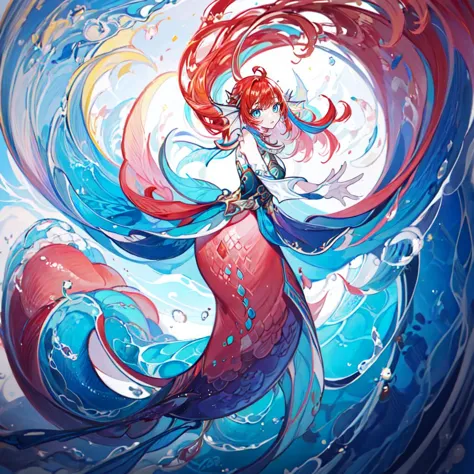 ((best quality)), ((highly detailed)), , (1girl), from beside, dynamic pose, full body, very wide shot, (mermaid), ((multicolored hair)), red hair, medium hair, blue eyes, fins, head fins, (outdoors, at a resort, noon), wave