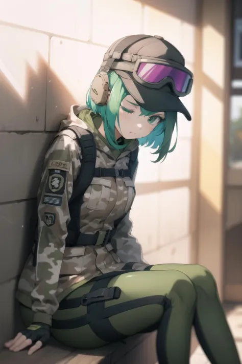 <lora:ela-000035:1> ela, jacket, leggings, latex legwear, fingerless gloves, military uniform, camouflage, baseball cap, goggles...