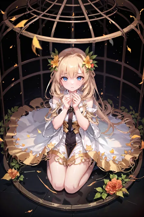 anime girl sitting in a birdcage with flowers and leaves