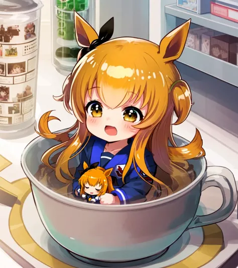 anime girl in a tea cup with a cat on her lap