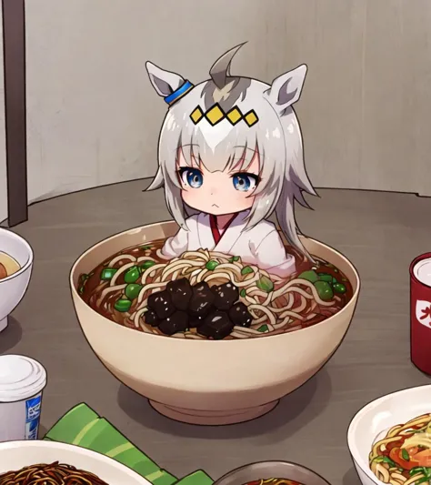 anime girl in a bowl of noodles with a cat head