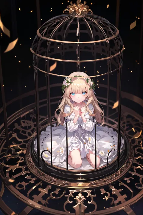 a close up of a girl in a bird cage with a flower in it