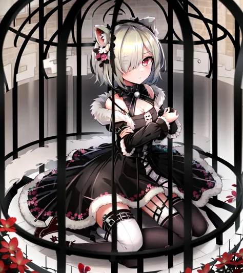 anime girl in a cage with a cat in it