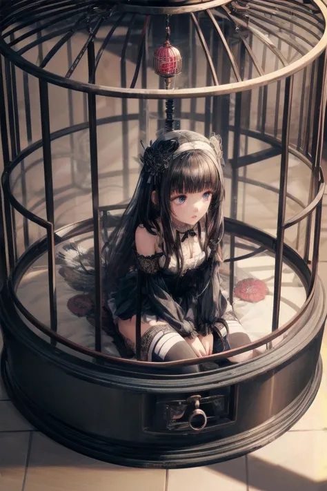 there is a girl sitting in a cage with a bird in it