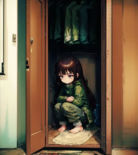 anime girl sitting in a closet with clothes on the shelves