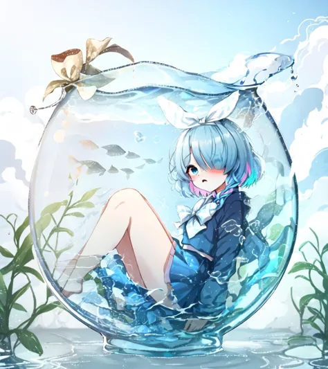 anime girl sitting in a fish bowl with a fish on the bottom