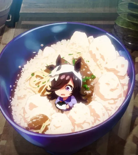 there is a bowl of rice with a doll in it