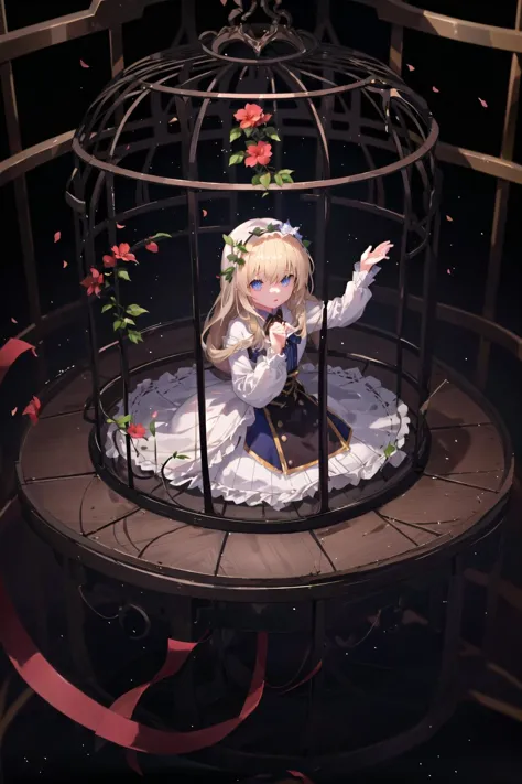 anime girl in a bird cage with flowers and petals