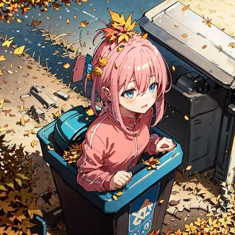 anime girl sitting in a trash can with leaves on top