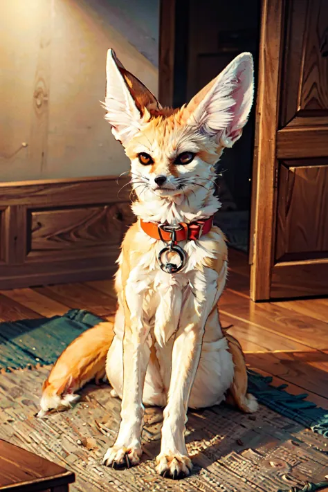 ((masterpiece,best quality)), absurdres,   <lora:FennecFox:0.7>,   FennecFox, sitting, full body, indoors, collar, no humans,   ...