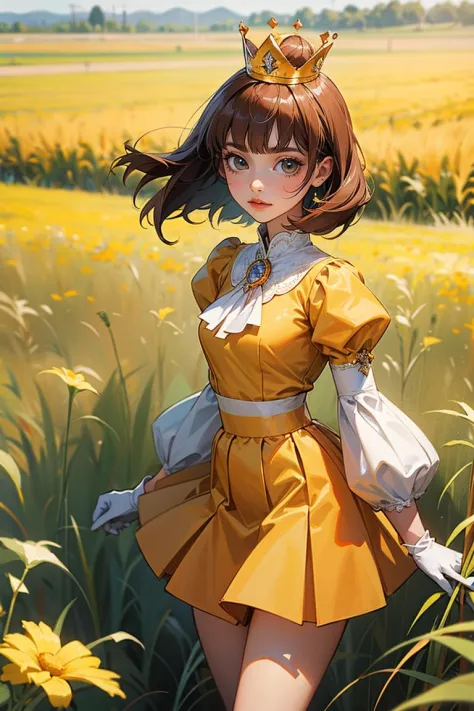 masterpiece,best quality, 1girl, cowboy shot, yellow top with puffed sleeves and an orange skirt, white gloves, yellow shoes, and a crown with orange detailing, bangs, grass, in a field,
<lora:add_detail:0.4>,