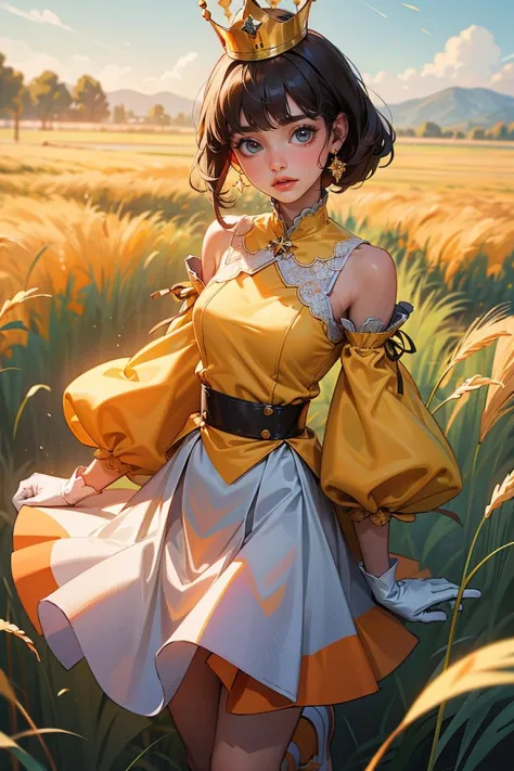 masterpiece,best quality, 1girl, cowboy shot, yellow top with puffed sleeves and an orange skirt, white gloves, yellow shoes, an...