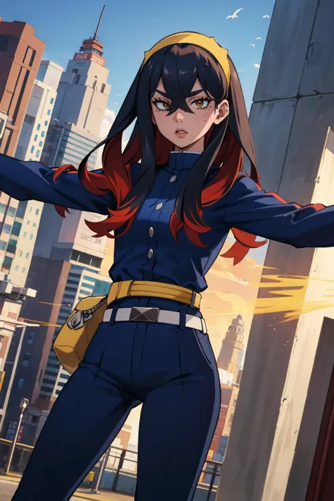 masterpiece, best quality,  <lora:pokemon_carmine-10:0.8> pokemoncarmine, mole under eye, hairband, blue jacket, long sleeves, red gloves, pants, belt, standing, dynamic pose, outstretched arm, furrowed brow, wide shot, cityscape