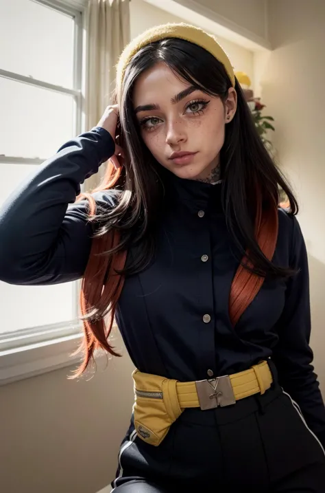 a close up of a woman in a black shirt and yellow hat