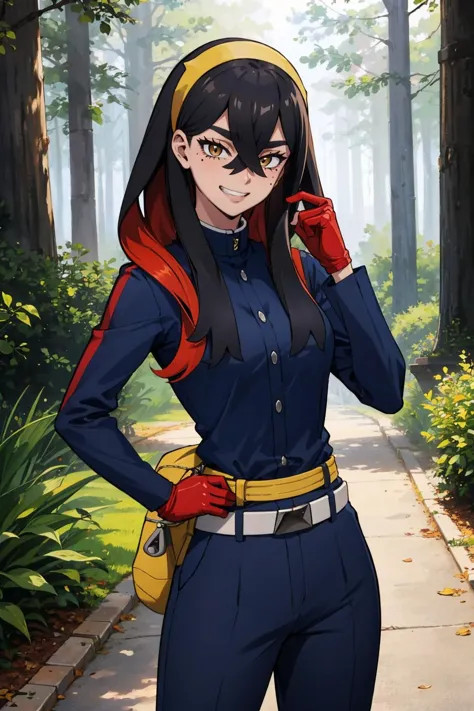 masterpiece, best quality,  <lora:pokemon_carmine-10:0.8> pokemoncarmine, mole under eye, hairband, blue jacket, long sleeves, red gloves, pants, belt, looking at viewer, grin, furrowed brow, hand to hip, forest