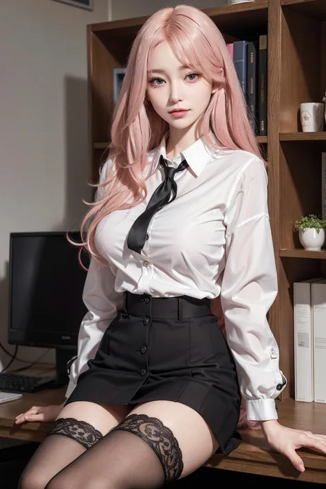 araffe girl in a white shirt and black skirt sitting on a desk