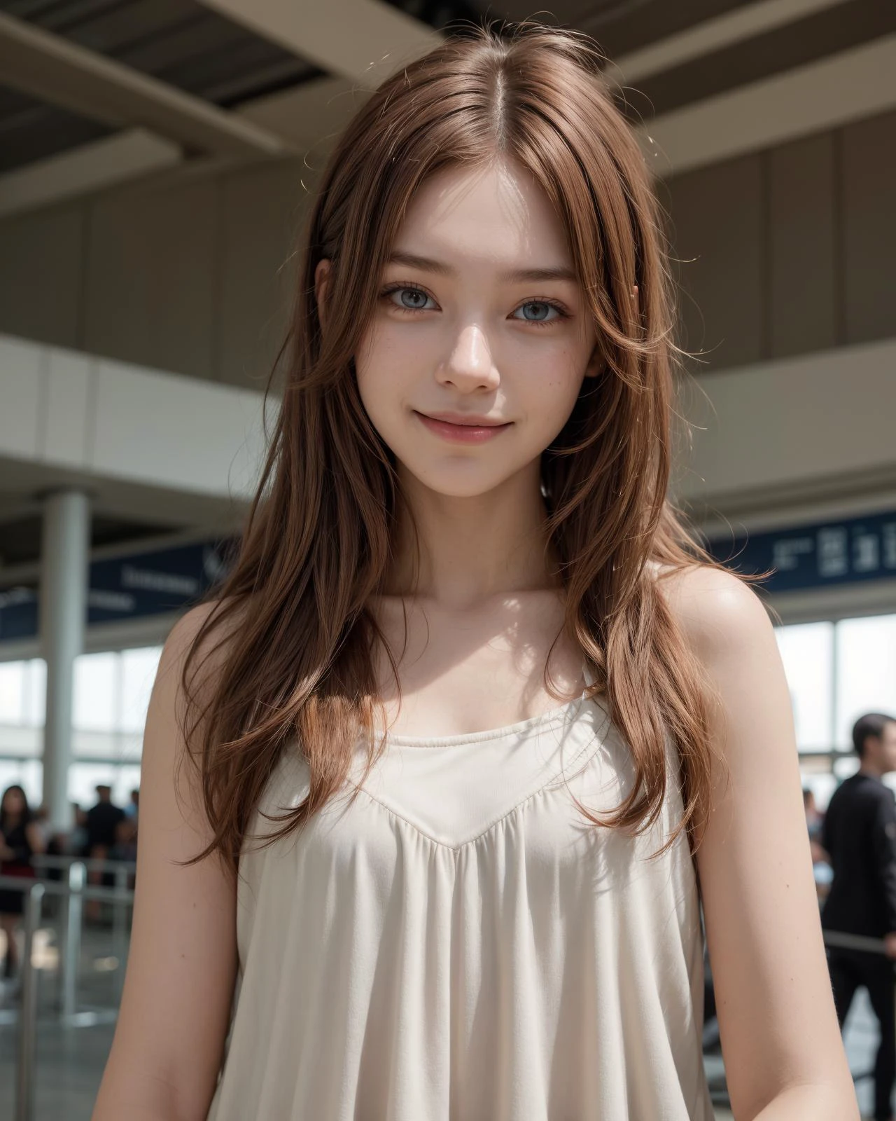 1girl, solo, asymmetrical, airport, indoors, light, arm at side, 1 girl, adult (elven:0.7) woman, coral eyes, auburn textured hair, ombre,, laughing