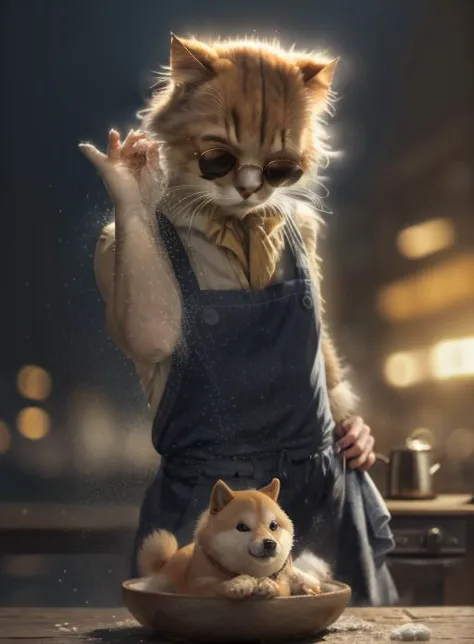 a close up of a cat in a dress with a dog in a bowl