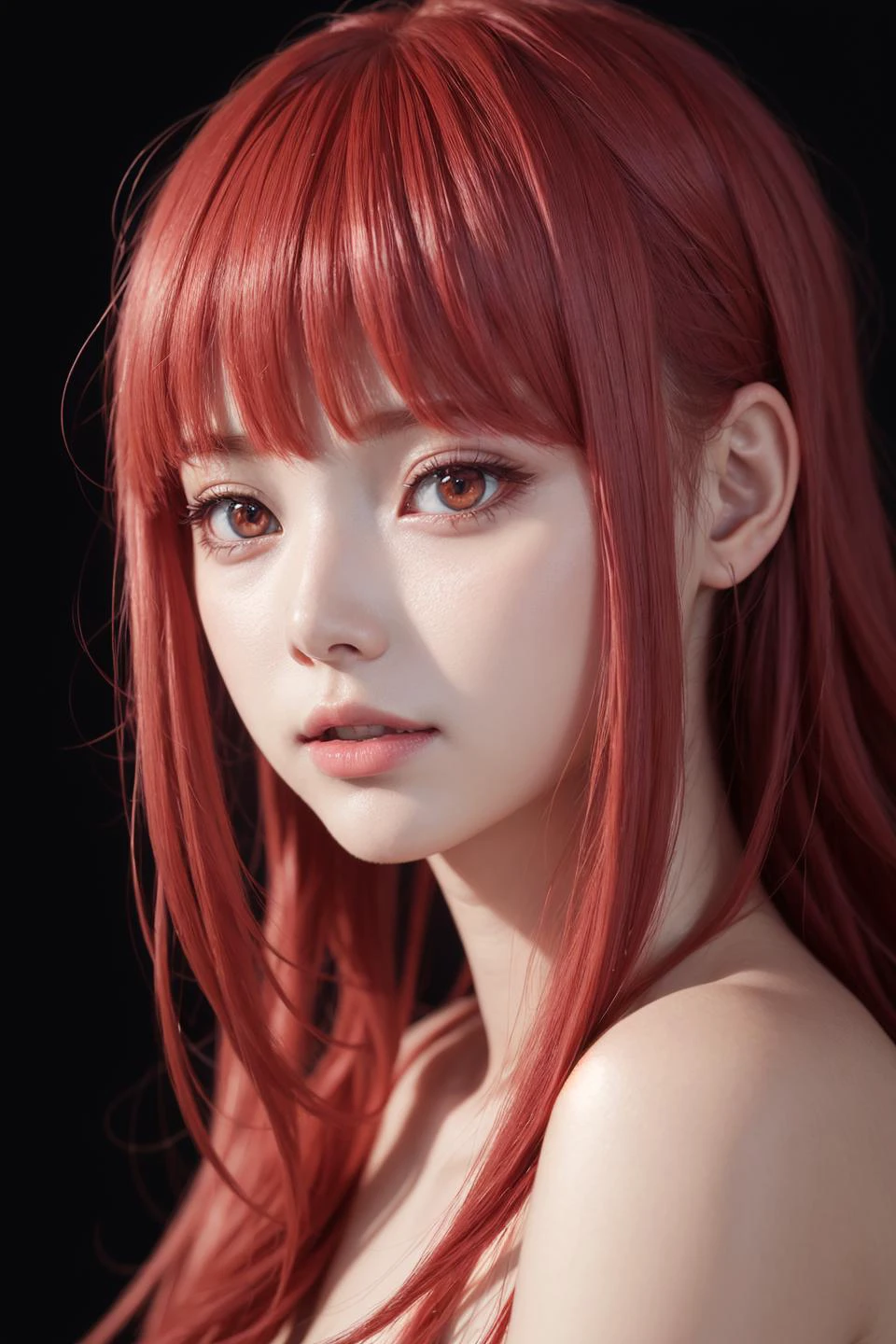 1girl, star eye, blush, perfect illumination, red hair, red eyes, unreal engine, sidelighting, detailed face, bangs, bright skin, simple background, dark background, 