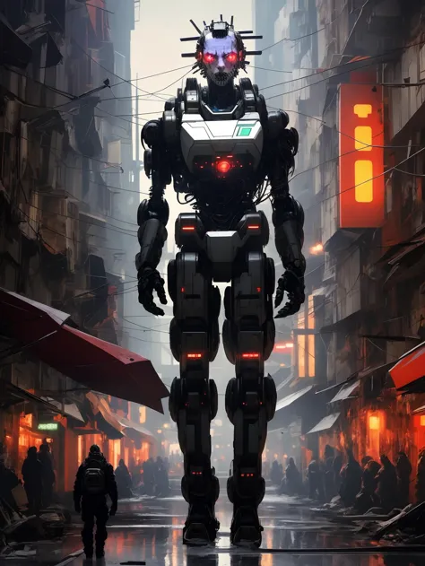 a close up of a robot standing in a city street