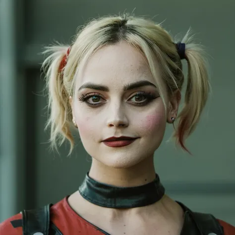 High res closeup portrait photo of an actress dressed as Harley Quinn, f /2.8, Canon, 85mm,cinematic, high quality, skin texture, looking at the camera,  jenxcoleman,    <lora:jencoleman_32_small_xl_7_standard_wo_cap-merger-29_52_04_06-jenxcoleman:1>