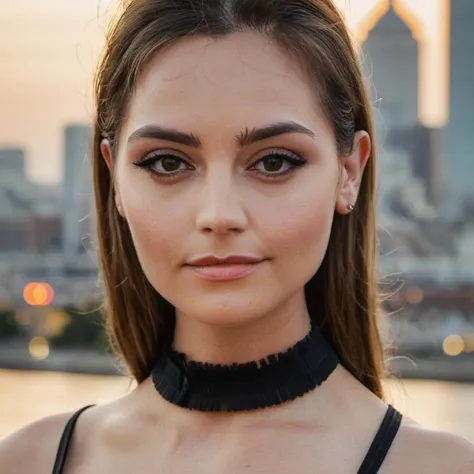 (Skin Texture, pores, natural,iPhone,RAW)), natural lighting, Highest Quality closeup Portrait photo of a pretty woman,black thin choker, clear lipgloss, Nikon Z9, realistic matte skin,  blurry city in the background, 8K, symmetric, whole face,  jenxcoleman,    <lora:jencoleman_32_small_xl_7_standard_wo_cap-merger-29_52_04_06-jenxcoleman:1>