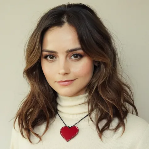 Looking straight at the camera, Film grain, skin texture, Instagram closeup selfie of a woman with beautiful wavy hair wearing a heart necklace,f/1.8,wearing a tutleneck shirt,  jenxcoleman,    <lora:jencoleman_32_small_xl_7_standard_wo_cap-merger-29_52_04_06-jenxcoleman:1>