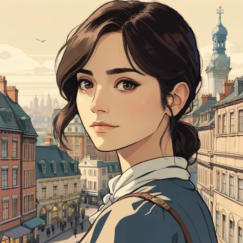 jenxcolemn,   <lora:jencoleman_juggerX_xl_1_wocap_merger_23_145_merger_106_045_055-jenxcolemn:1> Studio ghibli style illustration of the face of a woman looking at the viewer with a victorian city square in the background,