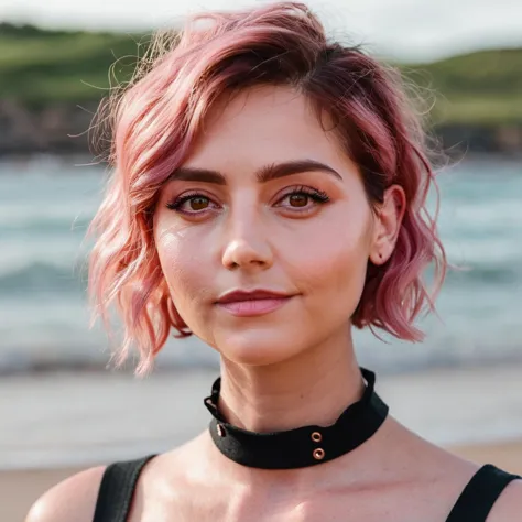 skin texture, no makeup, super high res closeup portrait photo of a woman outdoors with short wavy pink hair, wearing a small ch...