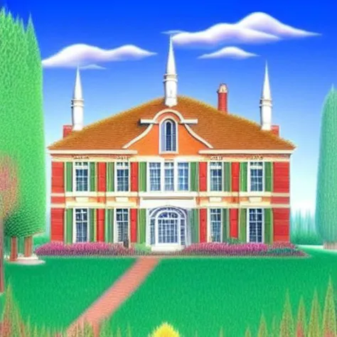 illustration of a large red brick house with a garden and a path