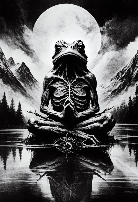 Blackmetal-Stil, xerox, Schwarz und weiß, bewölkter schwarzer Himmel, zentraler religiöser Frosch, Berge in der Ferne, Nebel, Wasser unten,
