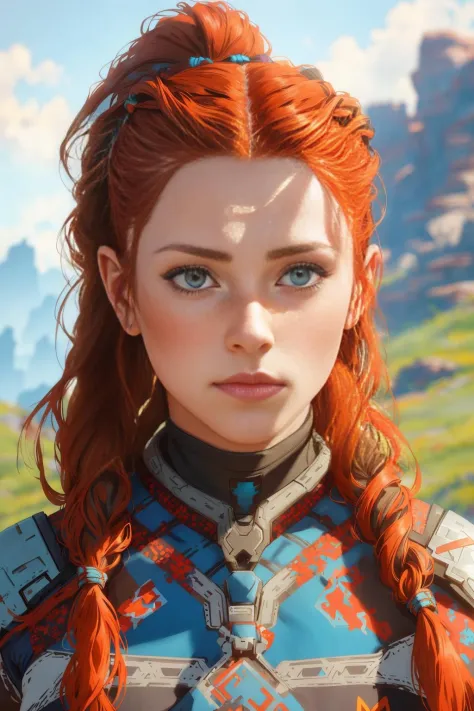 full portrite Aloy (Horizon Zero Dawn:1.2), (8k, RAW photo, highest quality),(epic realistic:1.5), dynamic posture,erotic face,shirt,(detailed eyes:0.8),(looking at the camera:1.4), (highest quality), (best shadow),intricate details,cinematic,((skin:1.4)),interior, (long ponytail ginger hair:1.3),dark studio,(hdr:1.5),detailed, muted colors, freckles,close-up, freckles, stunning body, pronounced female features,