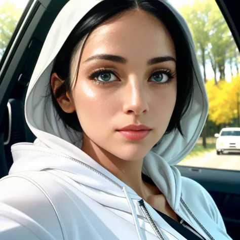 raw photo, a 35-year-old-woman, upper body, selfie in a car, white hoodie,(arabian:1.3) (woman), (realistic), (photo-realistic:1...