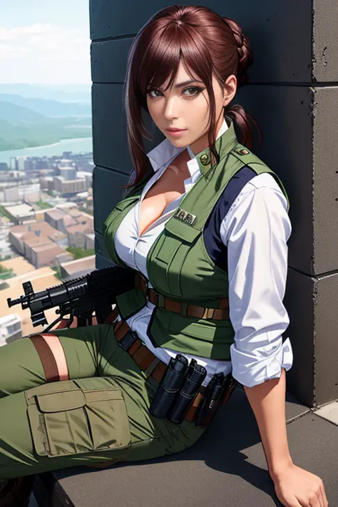 ((portrait shot)) Tacticool, a woman, vest, military, (sitting on ledge), 4k, high-res, masterpiece, best quality, (head:1.3), finely detailed skin, cleavage