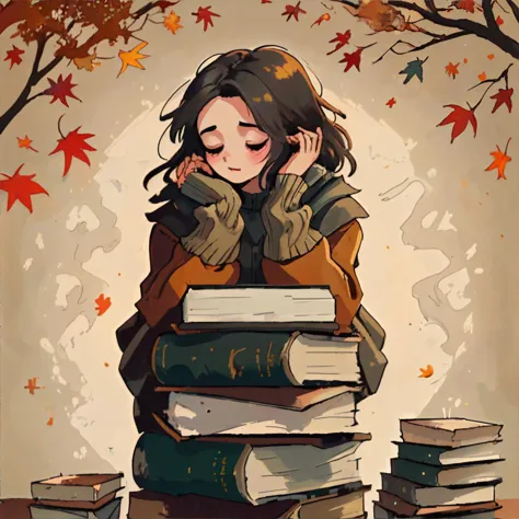 cozy autumn, woman with stack of weathered old books || masterpiece, perfect quality, sharp focus, shallow depth of field, 8k