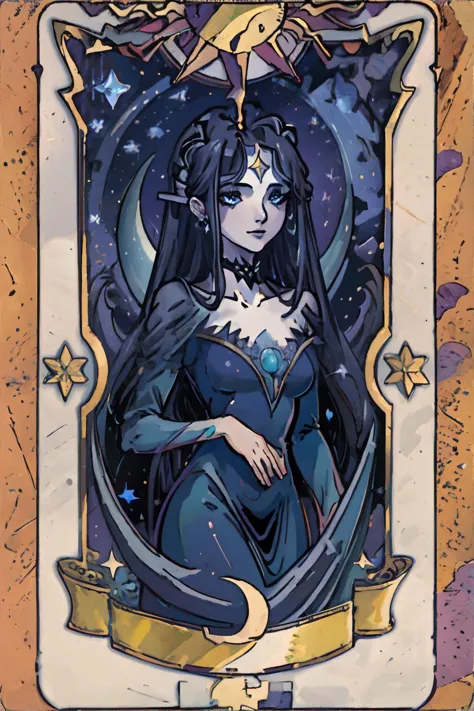 <lora:clowcard:0.5> tarot, card, beautiful woman wearing flowing (black|purple|blue) gown, night sky background, moon and stars ...