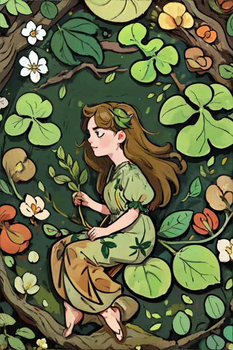 <lora:childillustration:0.8>, illustration of woman wearing Woodland nymph dress with earthy tones and leafy motifs || masterpie...