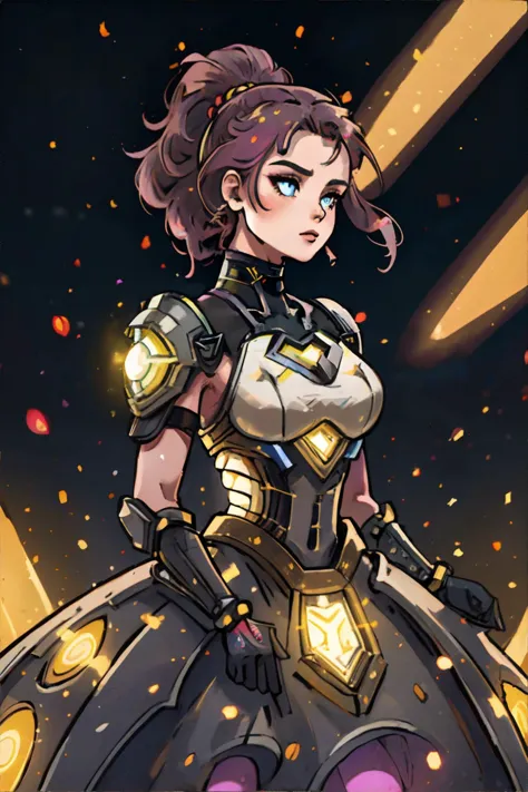 <lora:bokeh:0.5> glowingdust, bokeh, woman wearing Futuristic warrior dress with armored panels and high-tech embellishments, (c...